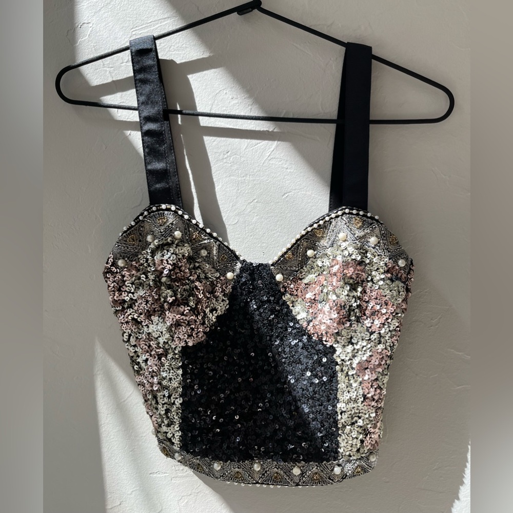 🖤NEW ZARA SEQUIN BEADED CORSET CROP TOP  S